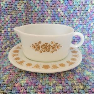 Vintage Pyrex Butterfly Floral Spring Blossom Gravy Boat with Tray Dish